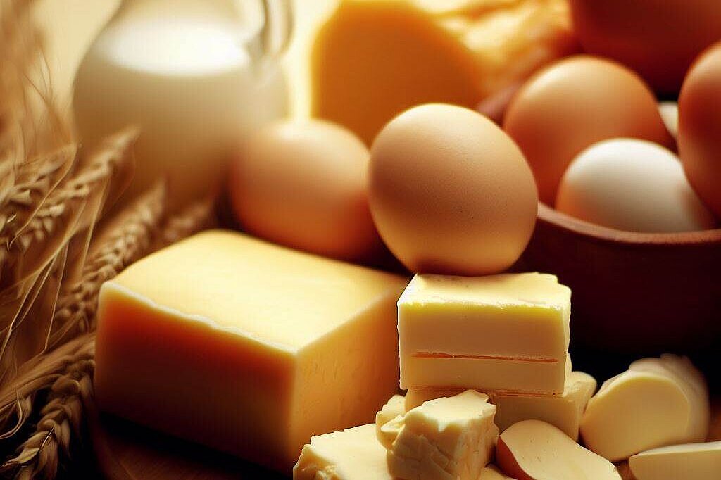 Milch, Käse und Eier auf einem Holzbrett