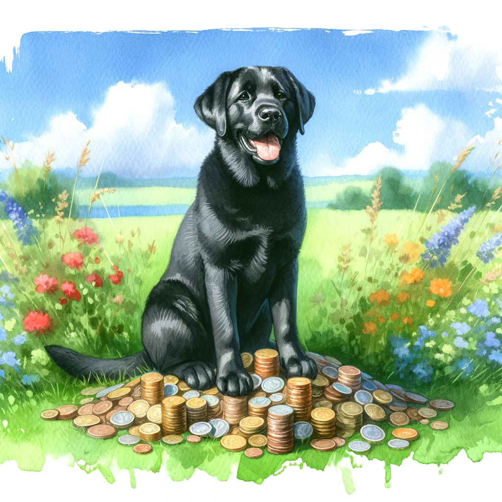 Ein schwarzer Hund sitzt auf einem großen Haufen Münzen