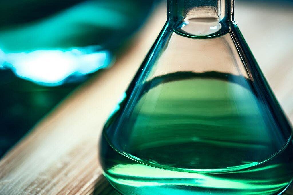 Eine grüne Flüssigkeit in einem Glas mit dreieckigem Körper
