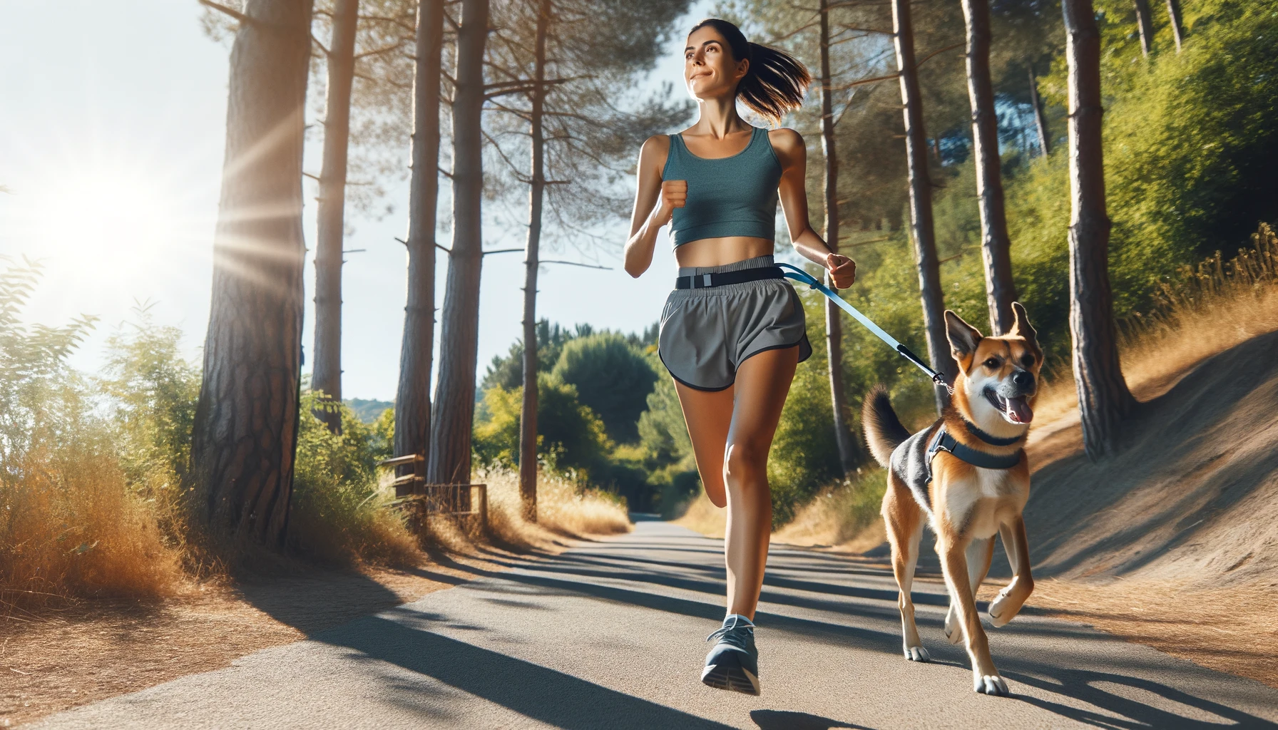 Eine Frau joggt auf einem Weg und hat ihren Hund mit einer Joggingleine an ihrer Hüfte verbunden