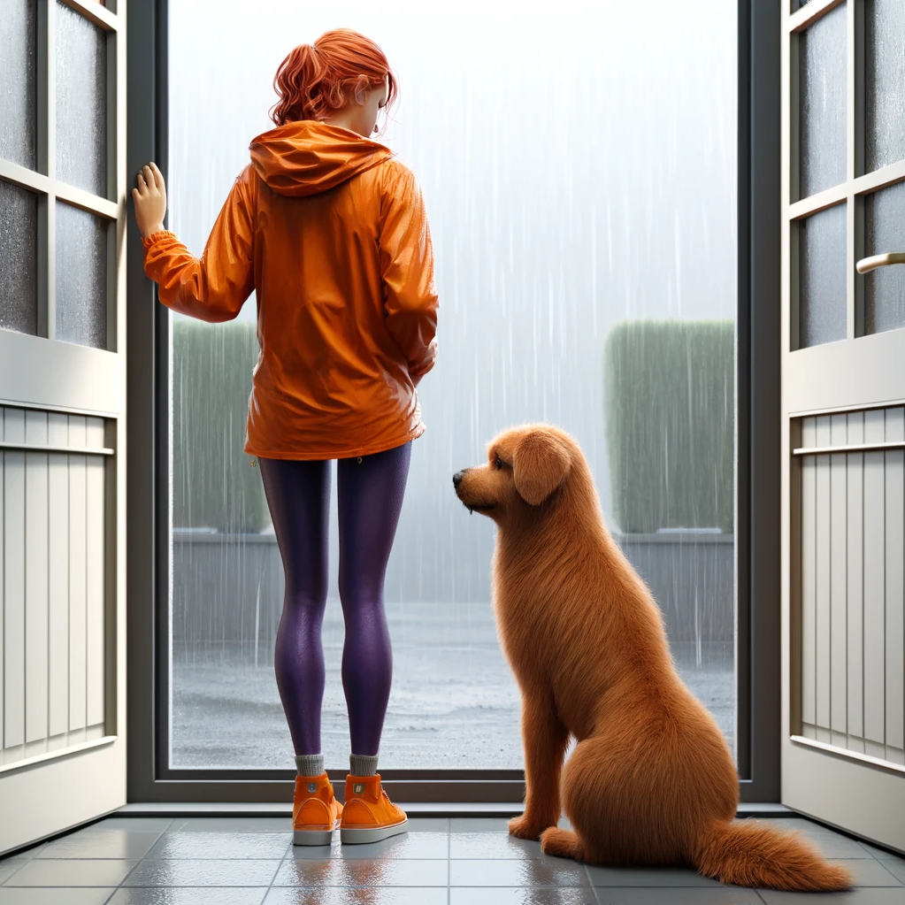 Eine Frau in einer orangenen Regenjacke und ihr Hund stehen vor einer Haustür und schauen nach Draußen in den Regen