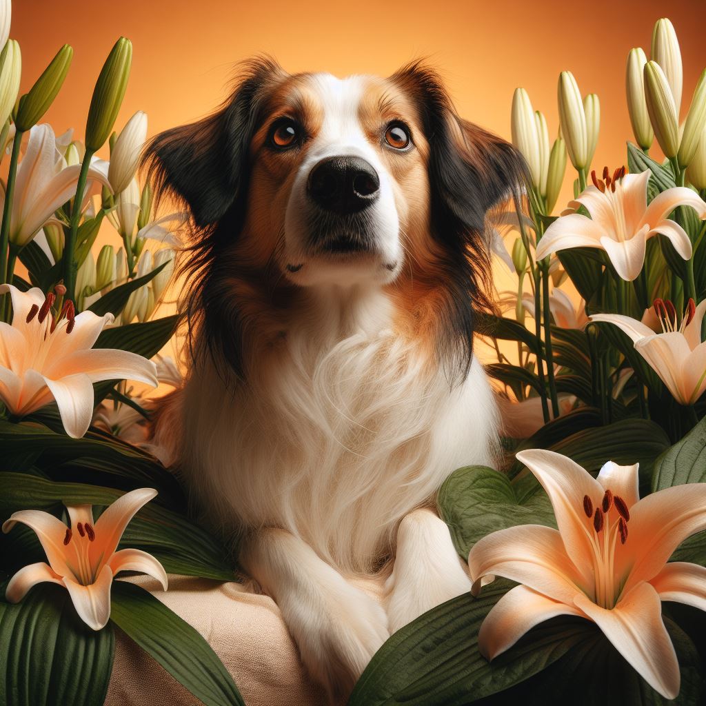Ein Hund zwischen blühenden Lilien